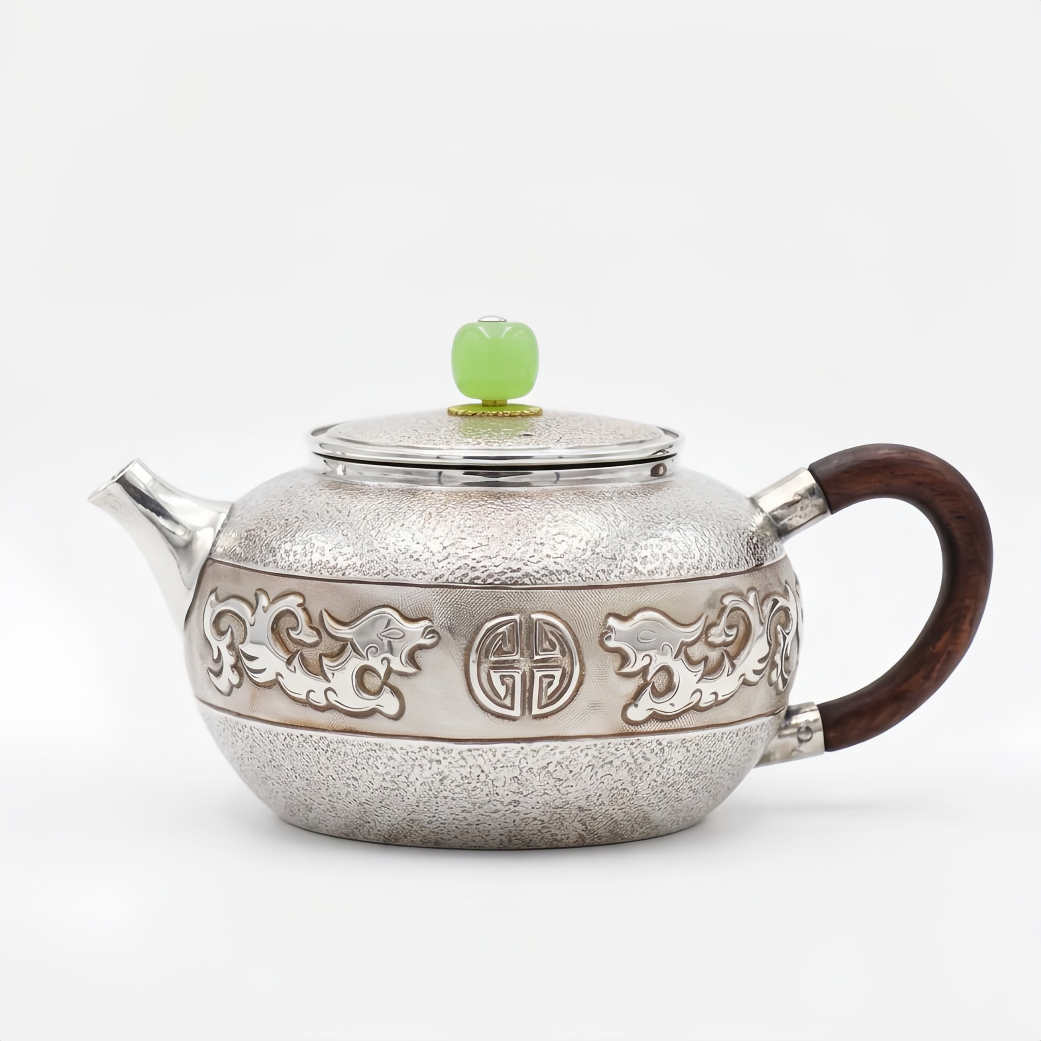 925 Sterling Silver Ornate Silver Dragon Teapot with Green Jade Finial and Elegant Wooden Handle - Handicraft