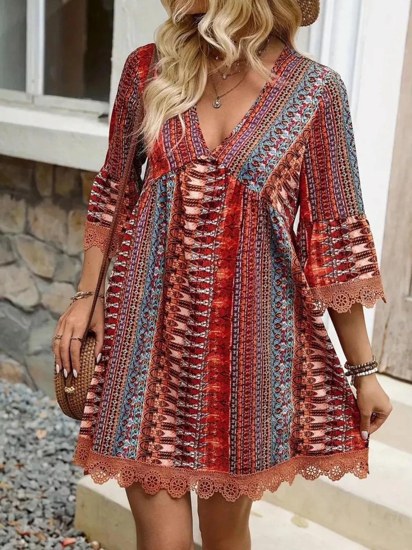 Printed V-Neck A-Line Dress