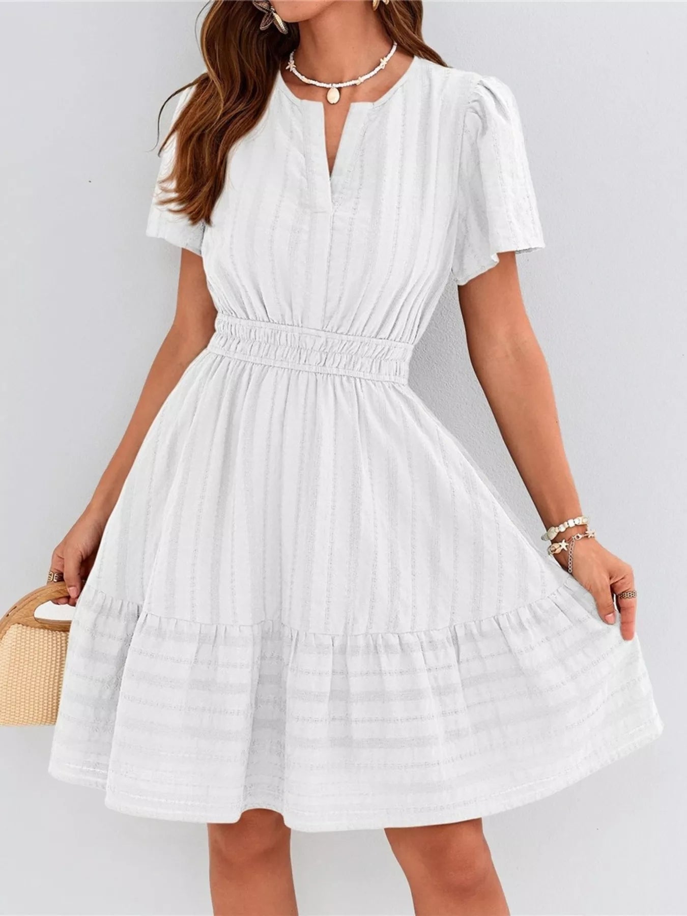 Short Sleeve Smocked Waist Tiered Dress