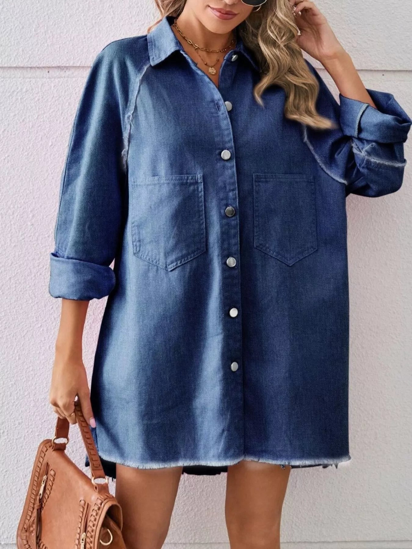 Button-Down Raw Hem Denim Dress