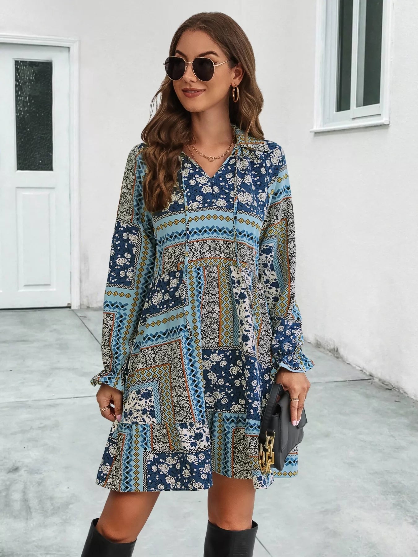 Boho Floral Print Long Sleeve Mini Dress