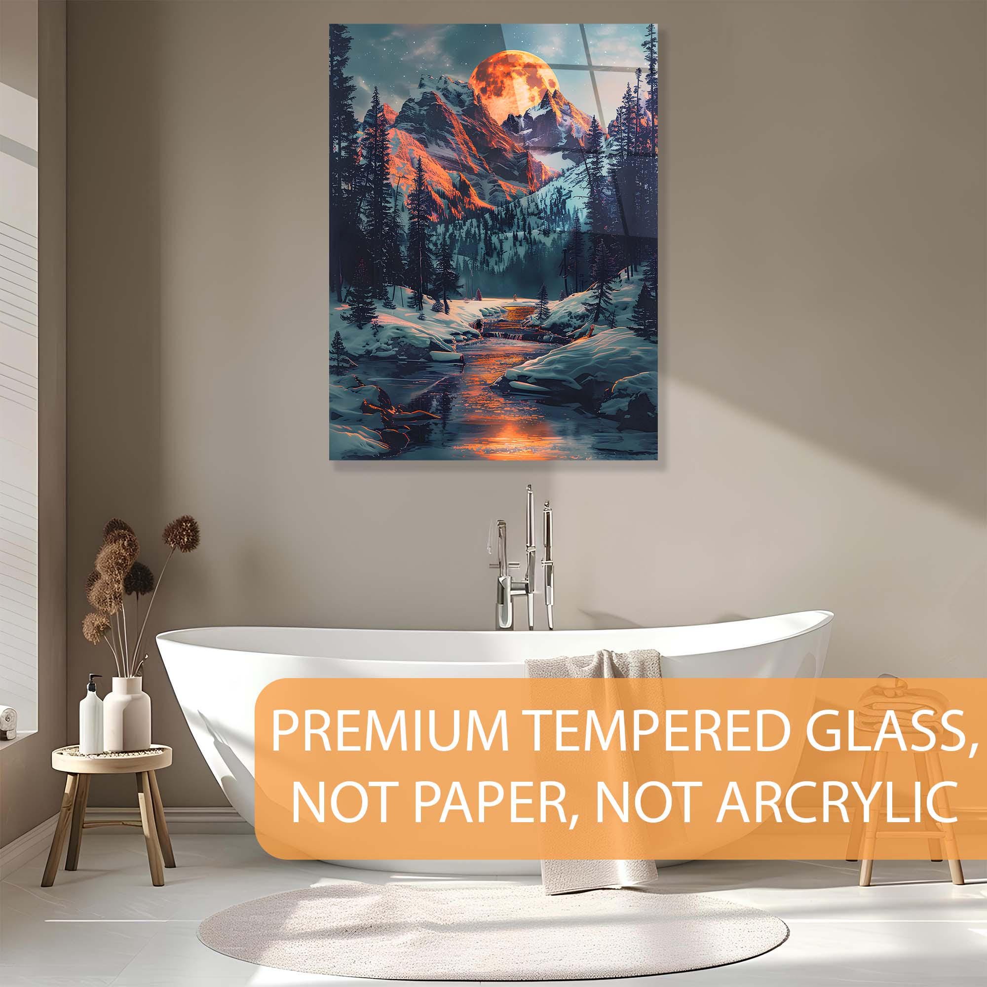 Moonlit Mountain Tempered Glass Wall Art | Winter Landscape Decor