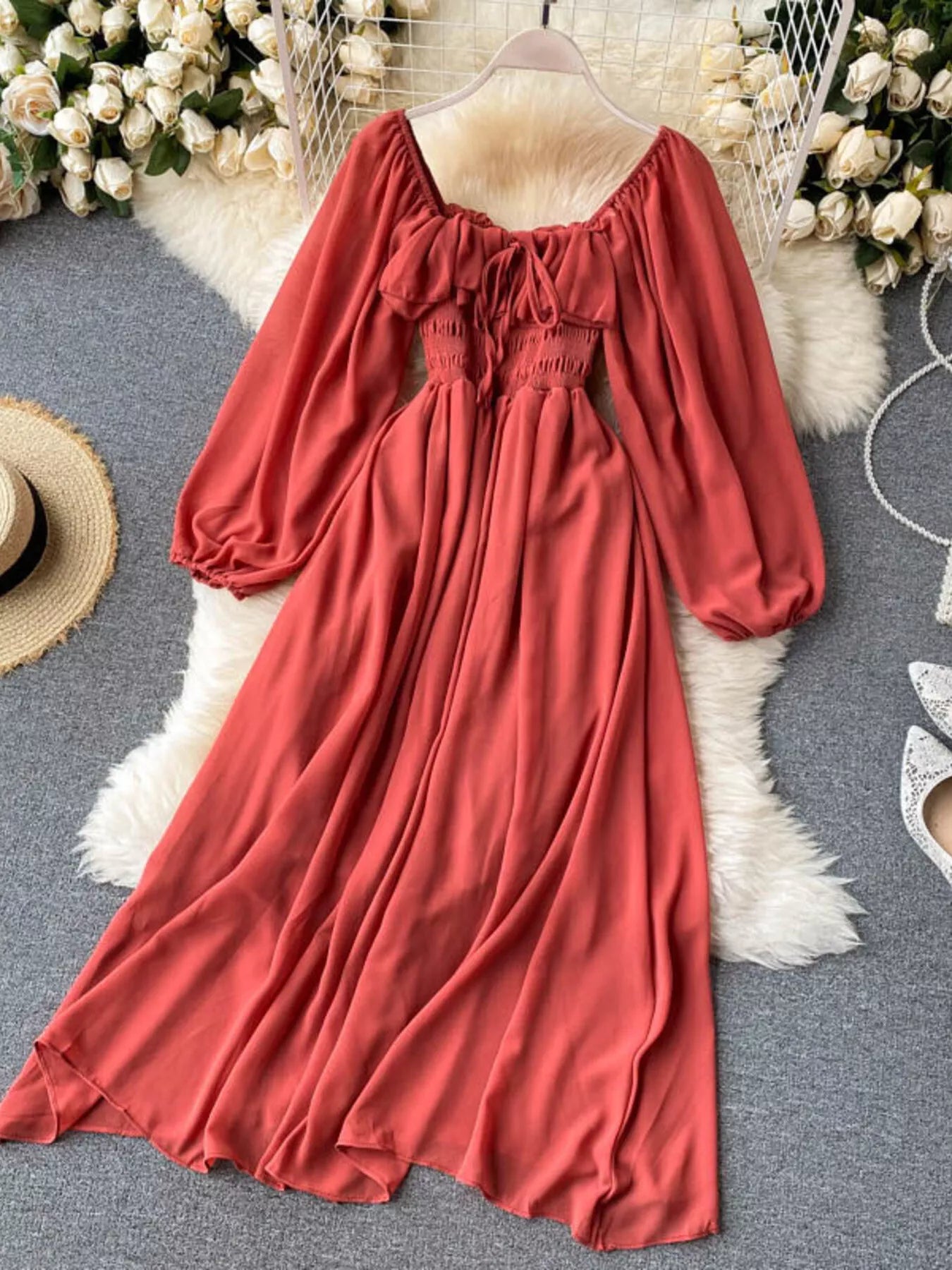 Ruffle Square Neck Balloon Sleeve A-Line Dress
