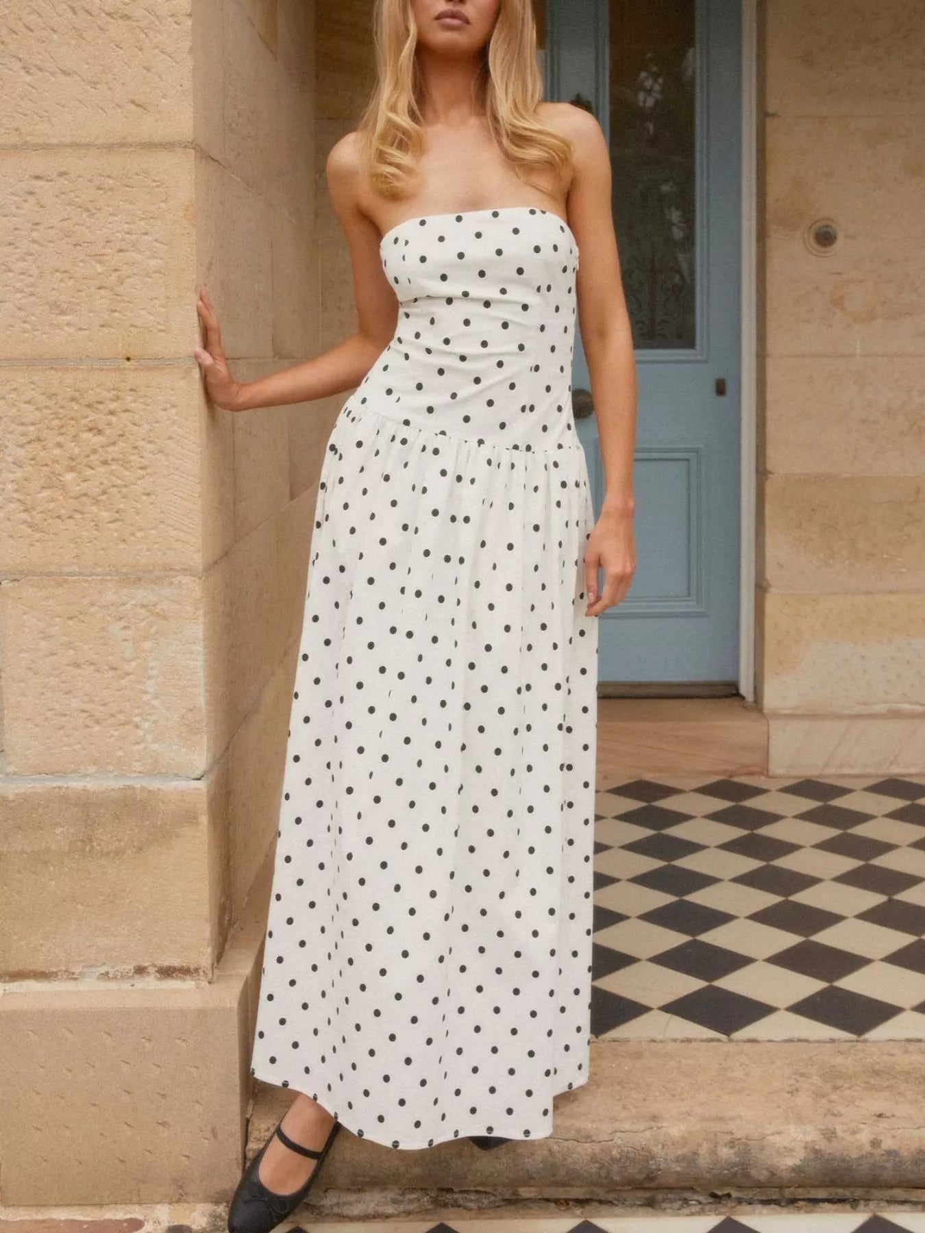 Ruched Printed Tube Maxi Dress
