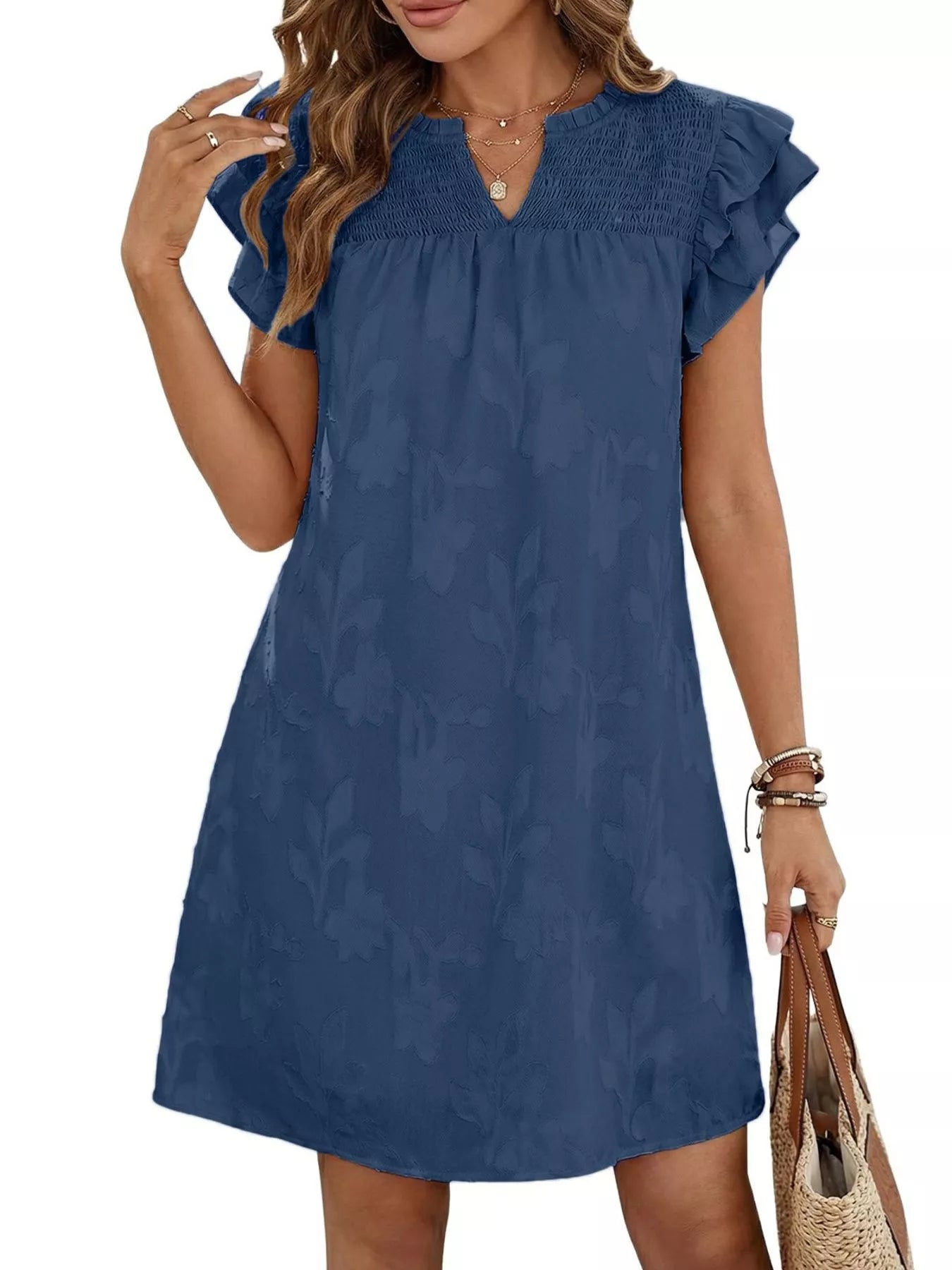 Floral Embossed Ruffle Sleeve Mini Dress