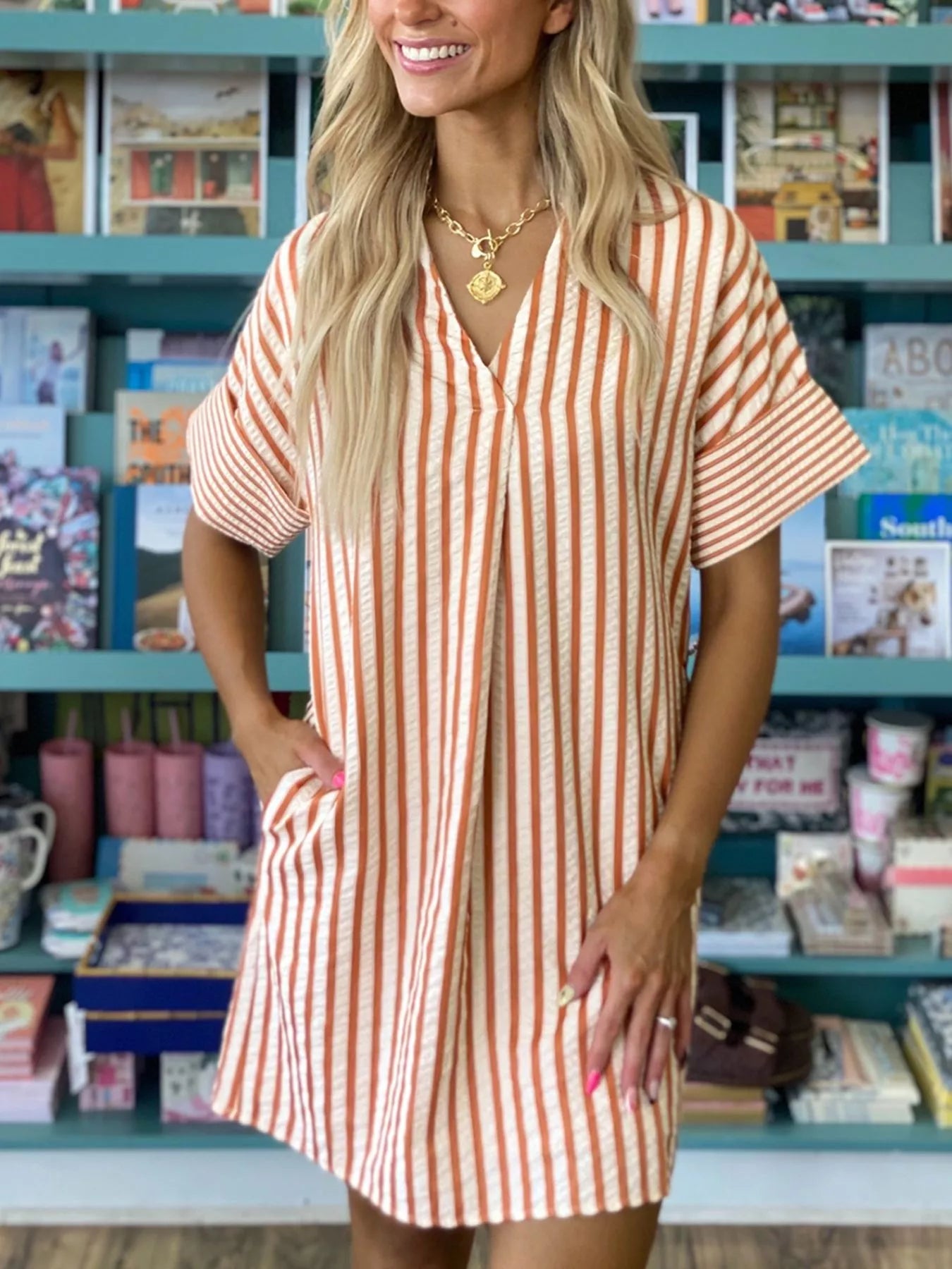 Stripe Pinched V Neck Turn-up Cuffs Shift Mini Dress