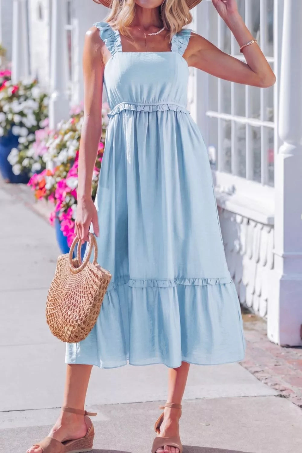Solid Color Ruffle Trim High Waist Sleeveless Dress