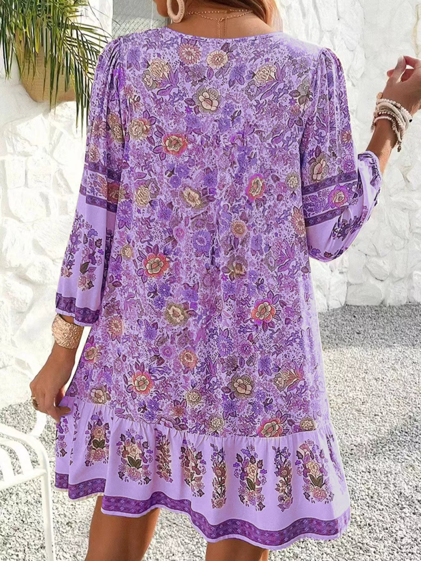Floral Print Tassel Tie Neck Mini Dress