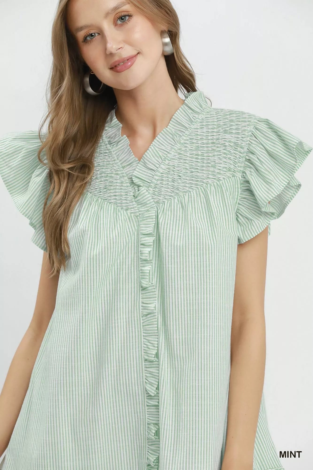 Umgee Stripe Smocked Yoke Ruffle Dress