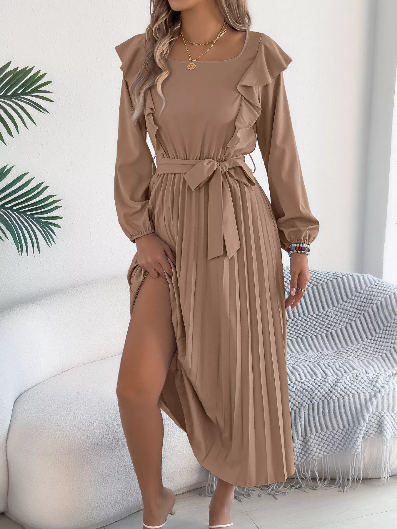 Ruffle Trim Pleated A-Line Midi Dress