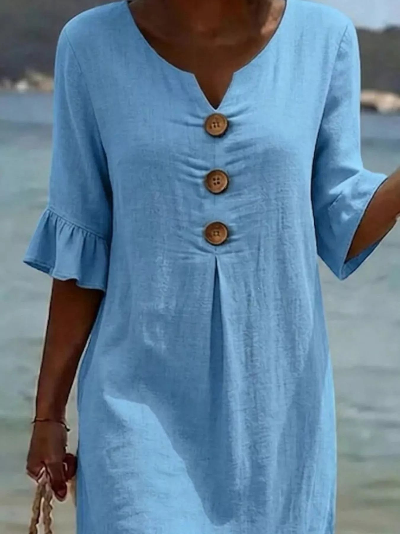 Full Size Button Decor Ruffle Sleeve Midi Dress Plus Size