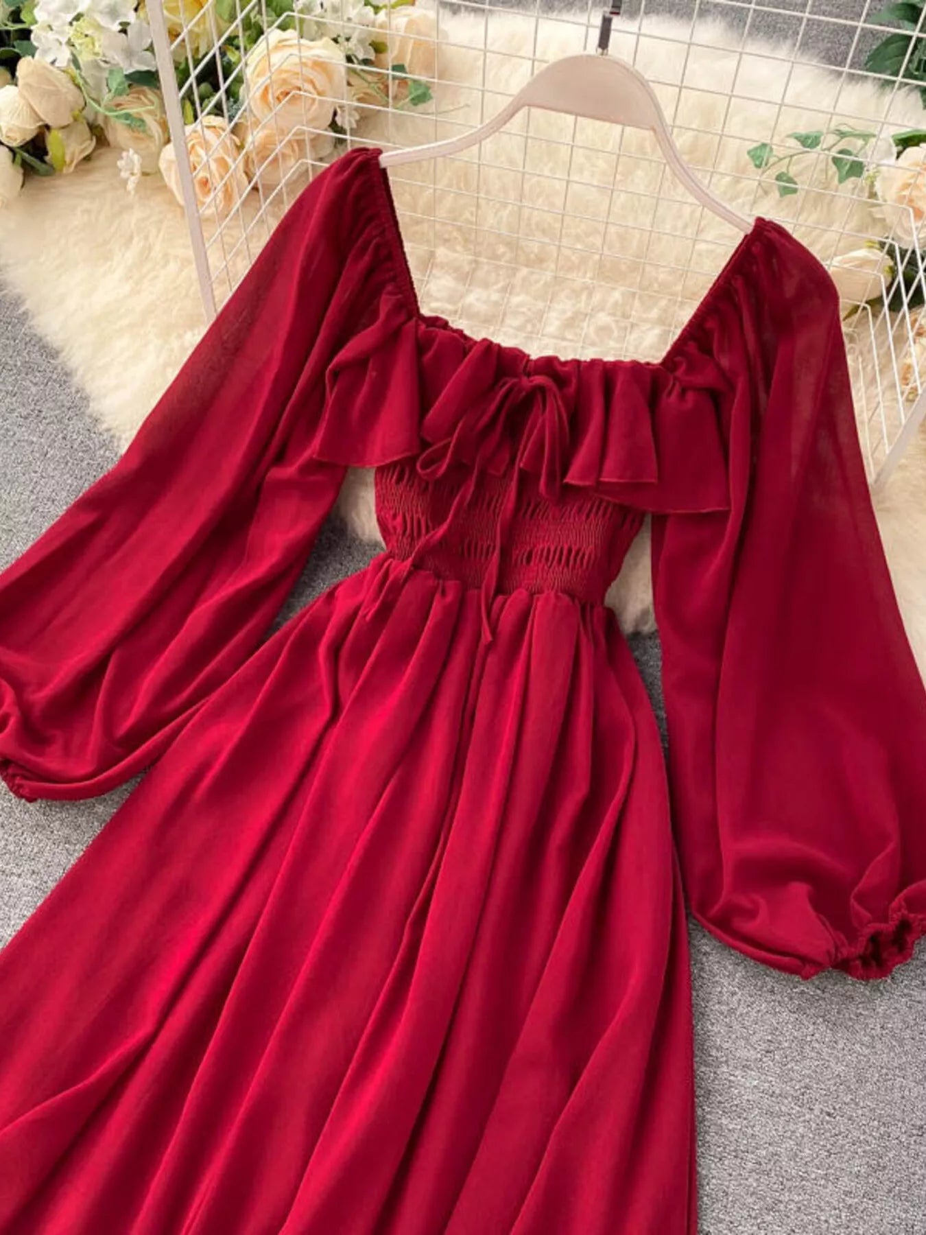 Ruffle Square Neck Balloon Sleeve A-Line Dress