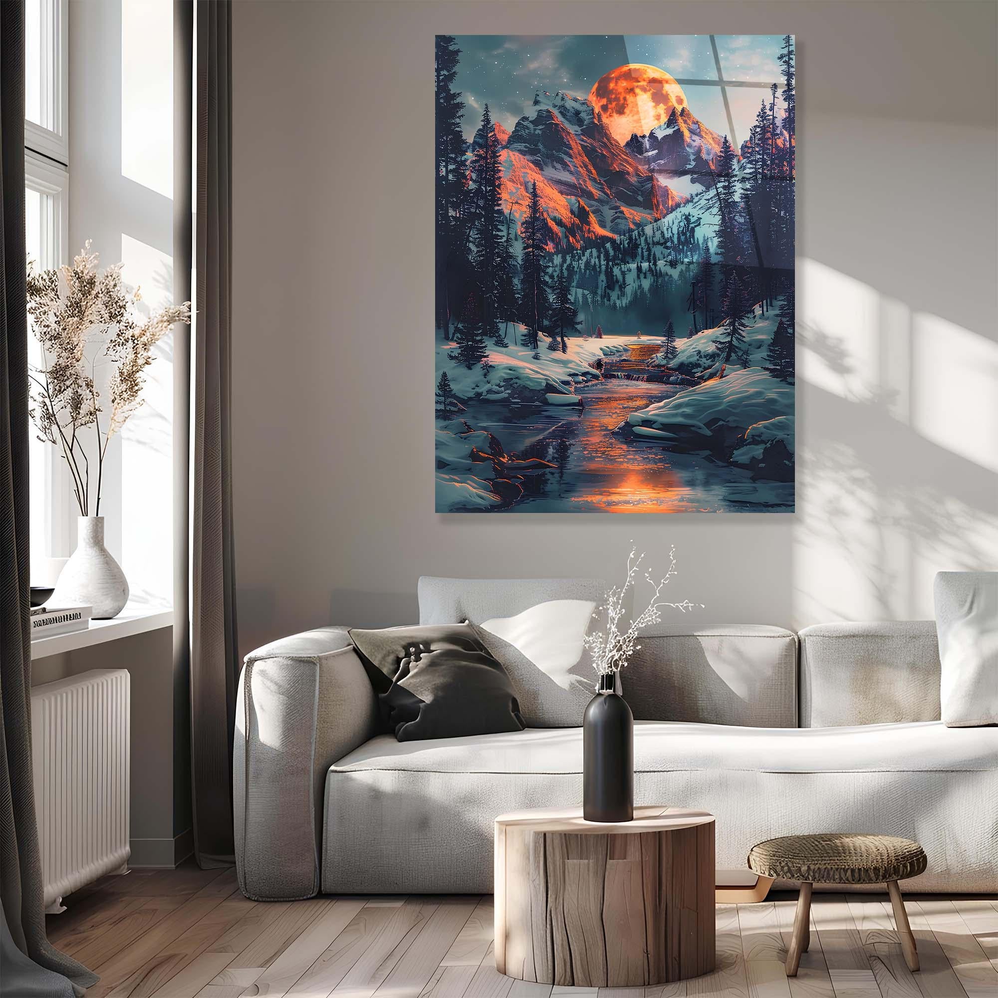 Moonlit Mountain Tempered Glass Wall Art | Winter Landscape Decor
