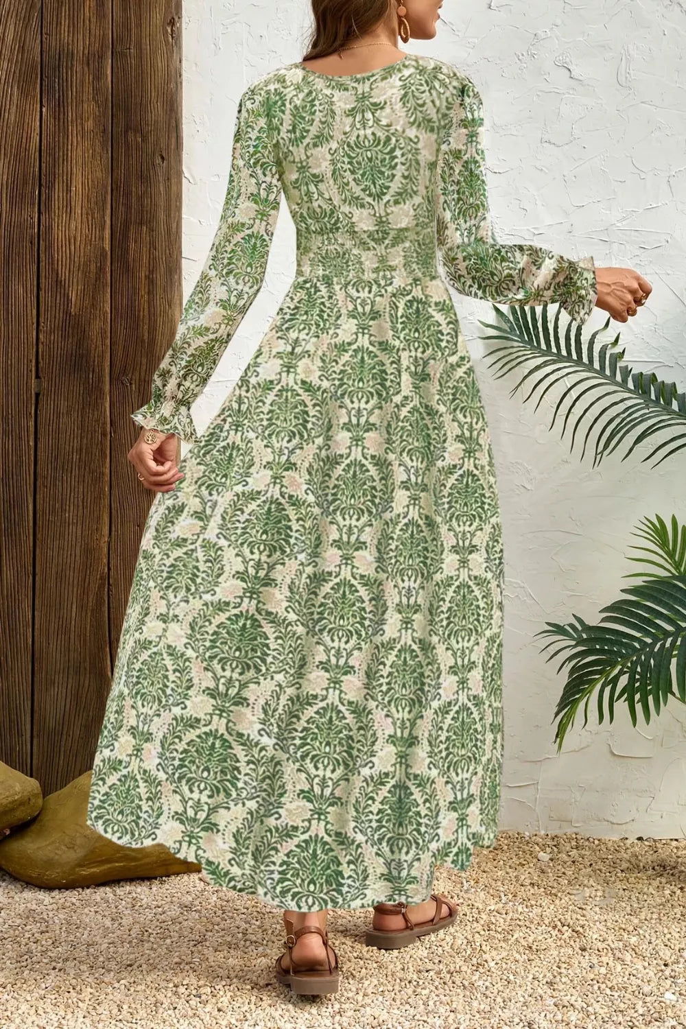 Printed V-Neck Long Sleeve Maxi Dress