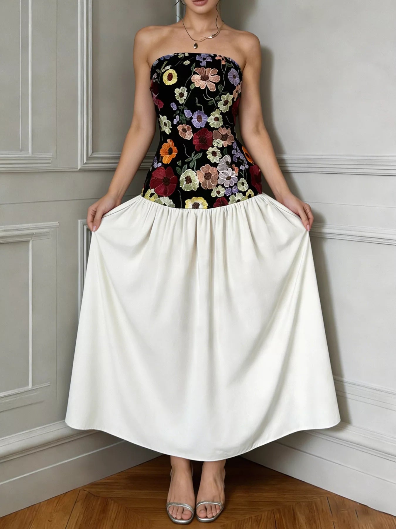 Floral Embroidered Tube Maxi Dress