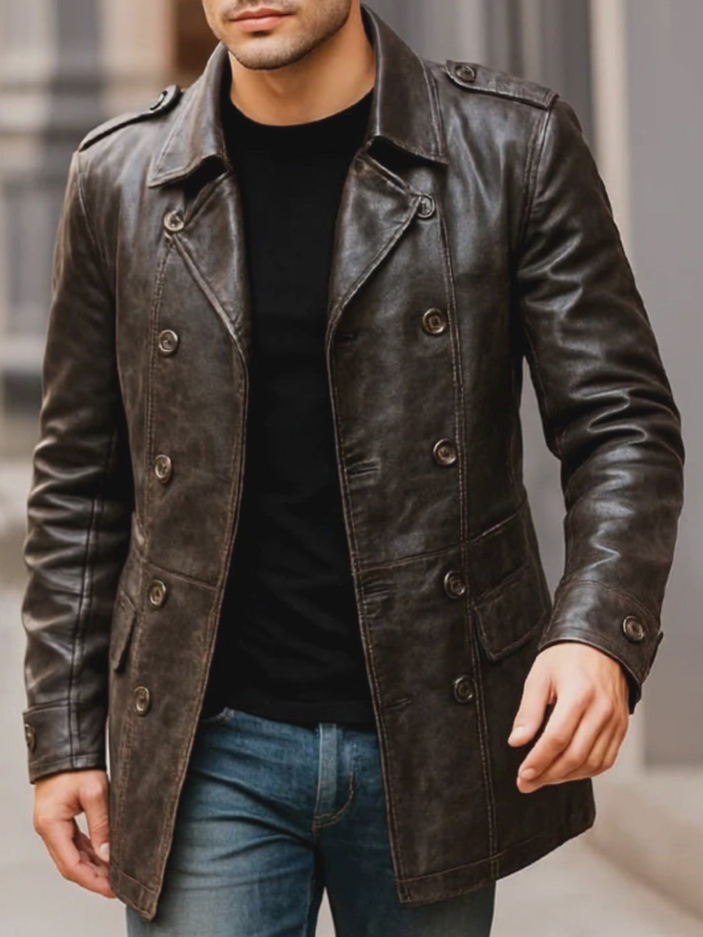 Mens Lapel-collar Double-breasted Slim-fit Leather Jacket