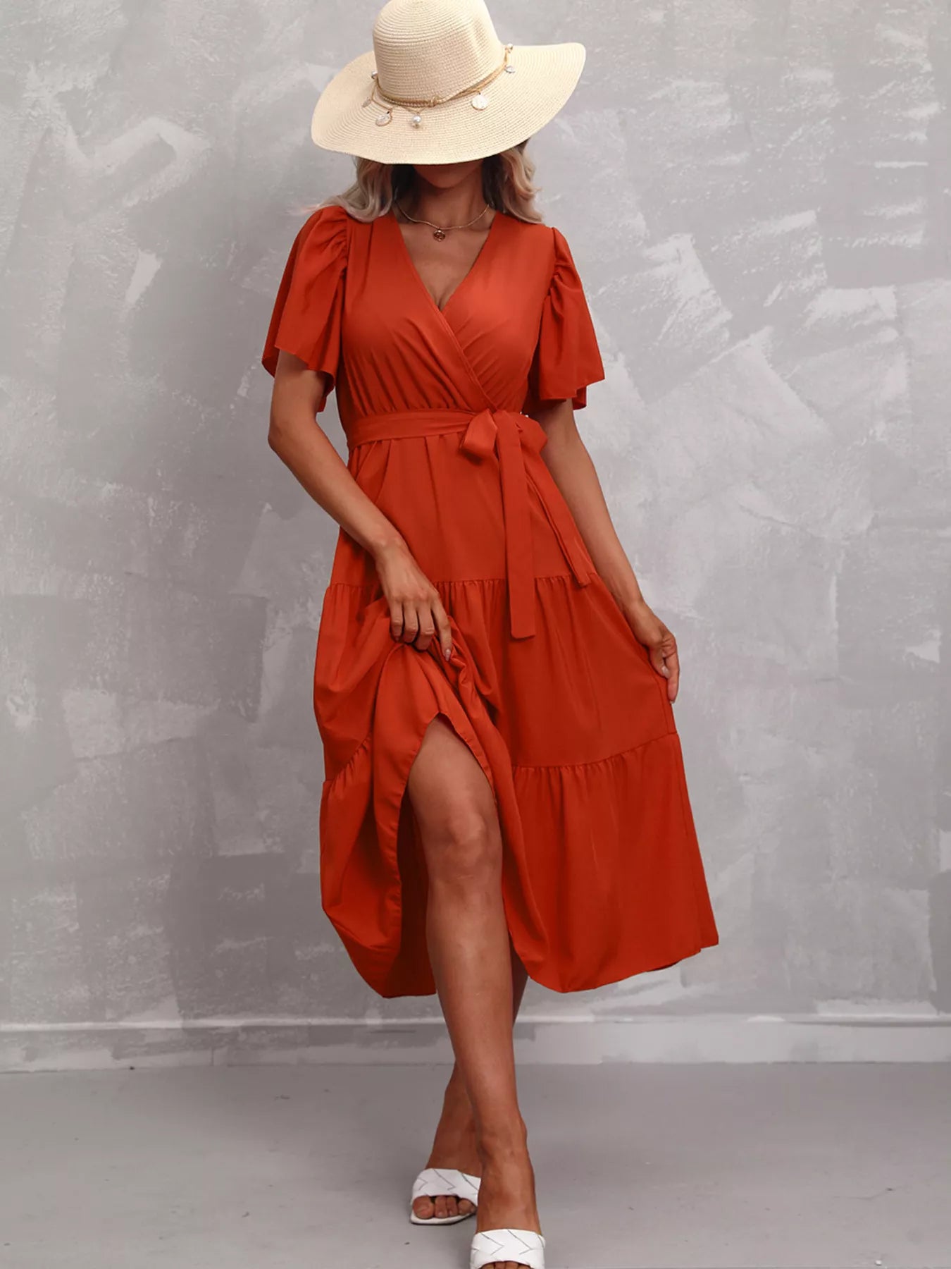 Flutter Sleeve Tiered Midi Dress