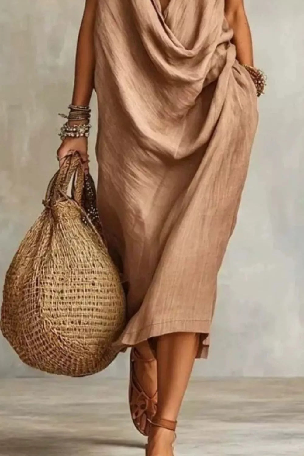 Sleeveless Drape Neck Midi Dress
