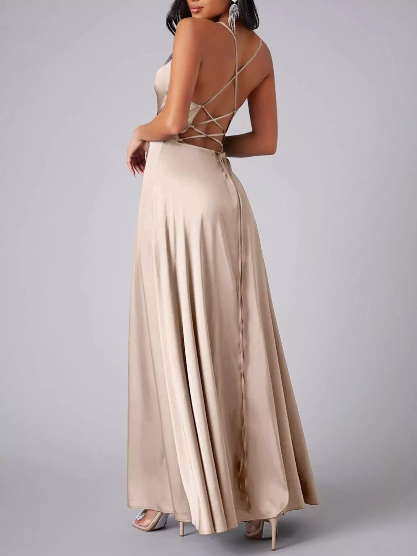 Lace Up Back Split Maxi Dress