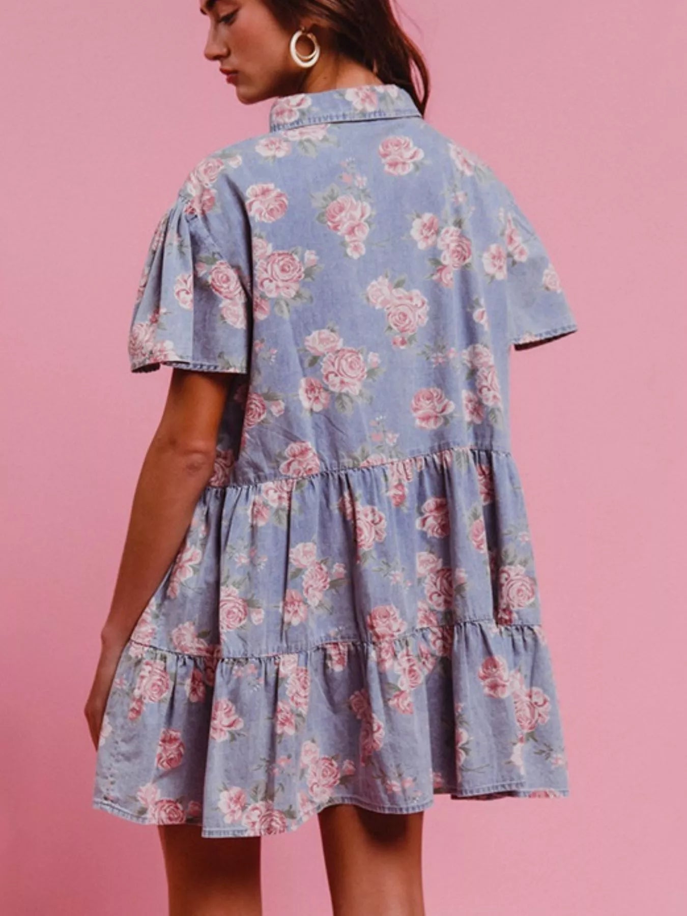 Floral Print Denim Button-Down Tiered Mini Dress