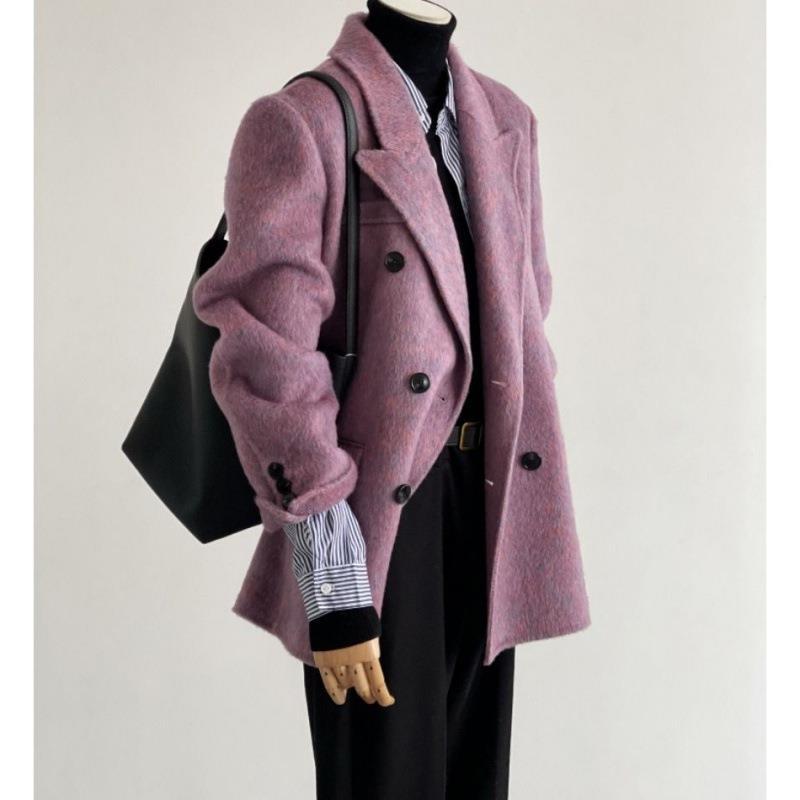 Womens Solid-Color Short Loose-Fit Double-Faced Cashmere Coat