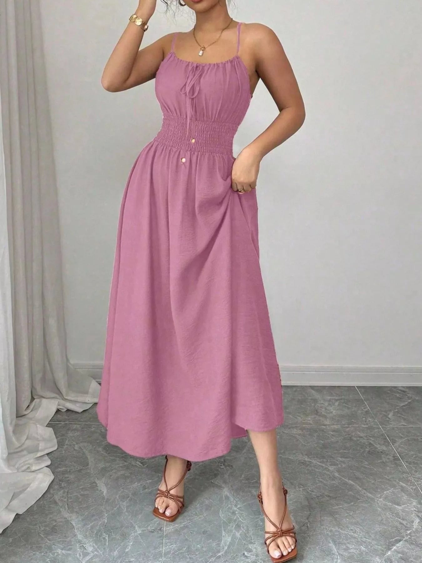 Smocked Spaghetti Strap Midi Dress