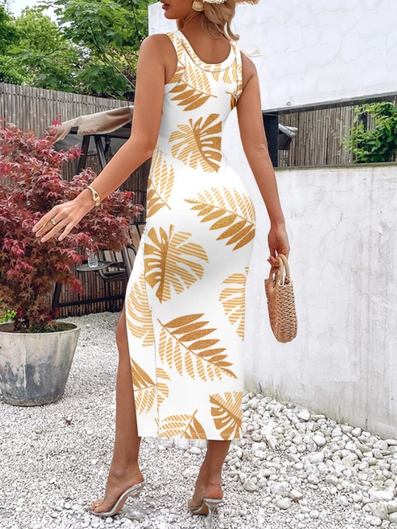 Ruched Slit Sleeveless Midi Dress
