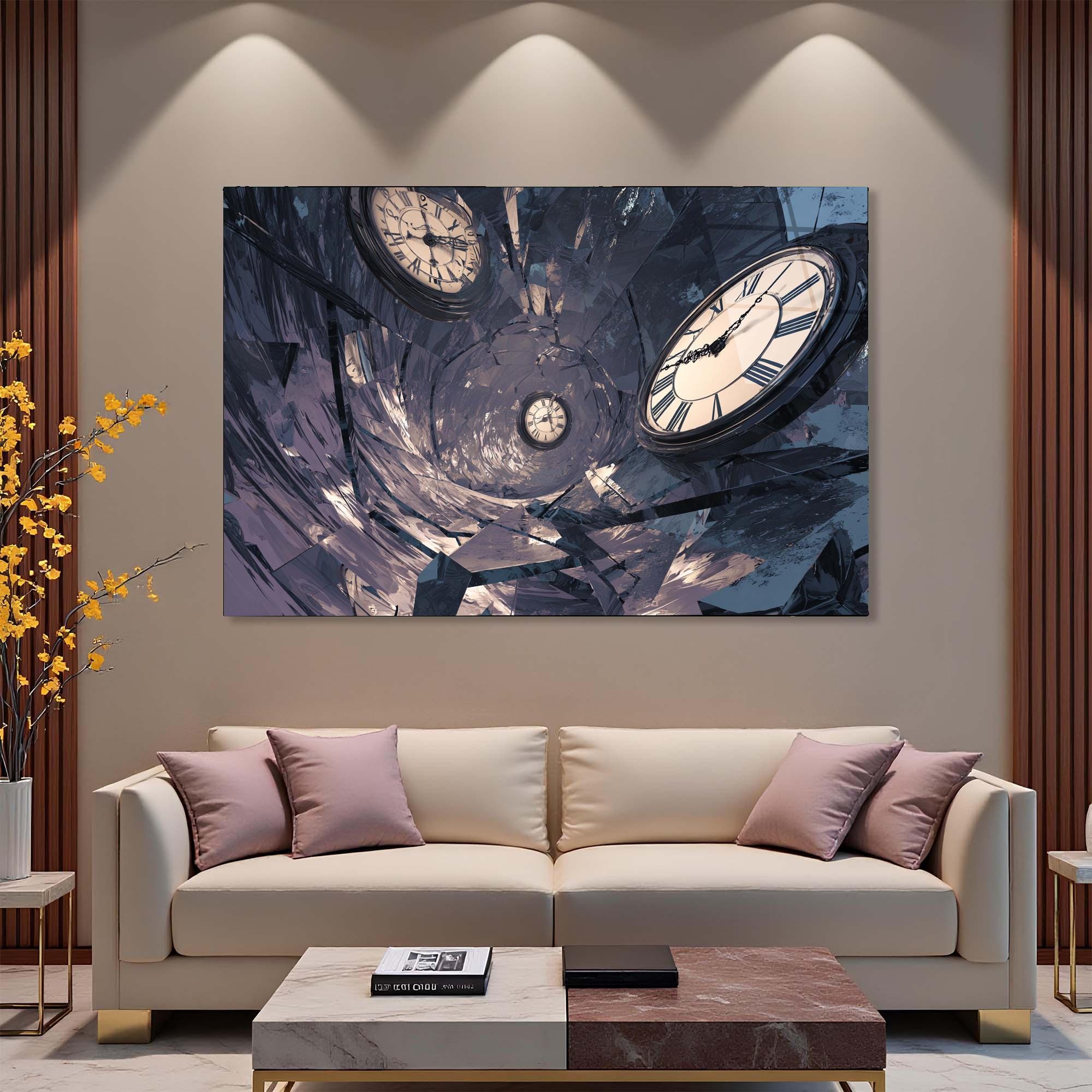 Surreal Clock Tempered Glass Wall Art | Time Vortex Tunnel Decor