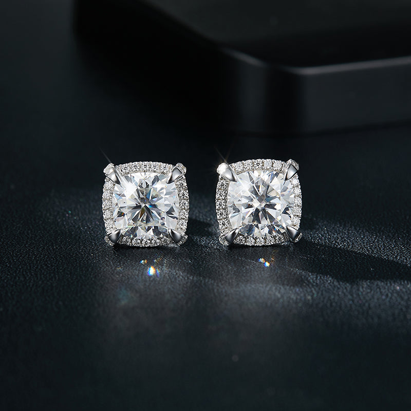 S925 Sterling Silver 8x8mm Cushion Cut Moissanite Stud Earrings Platinum Plated Halo Setting With GRA Certificate Luxury Jewelry Gift Box Set For Women