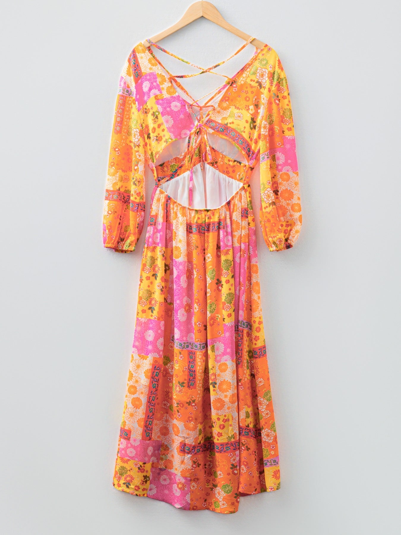Vibrant Floral Long Sleeve Dress with Lace-Up Back