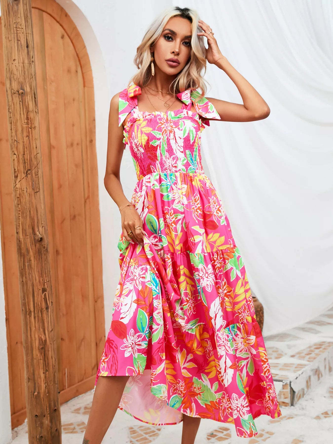 Tropical Print Smocked Tie-Strap Dress