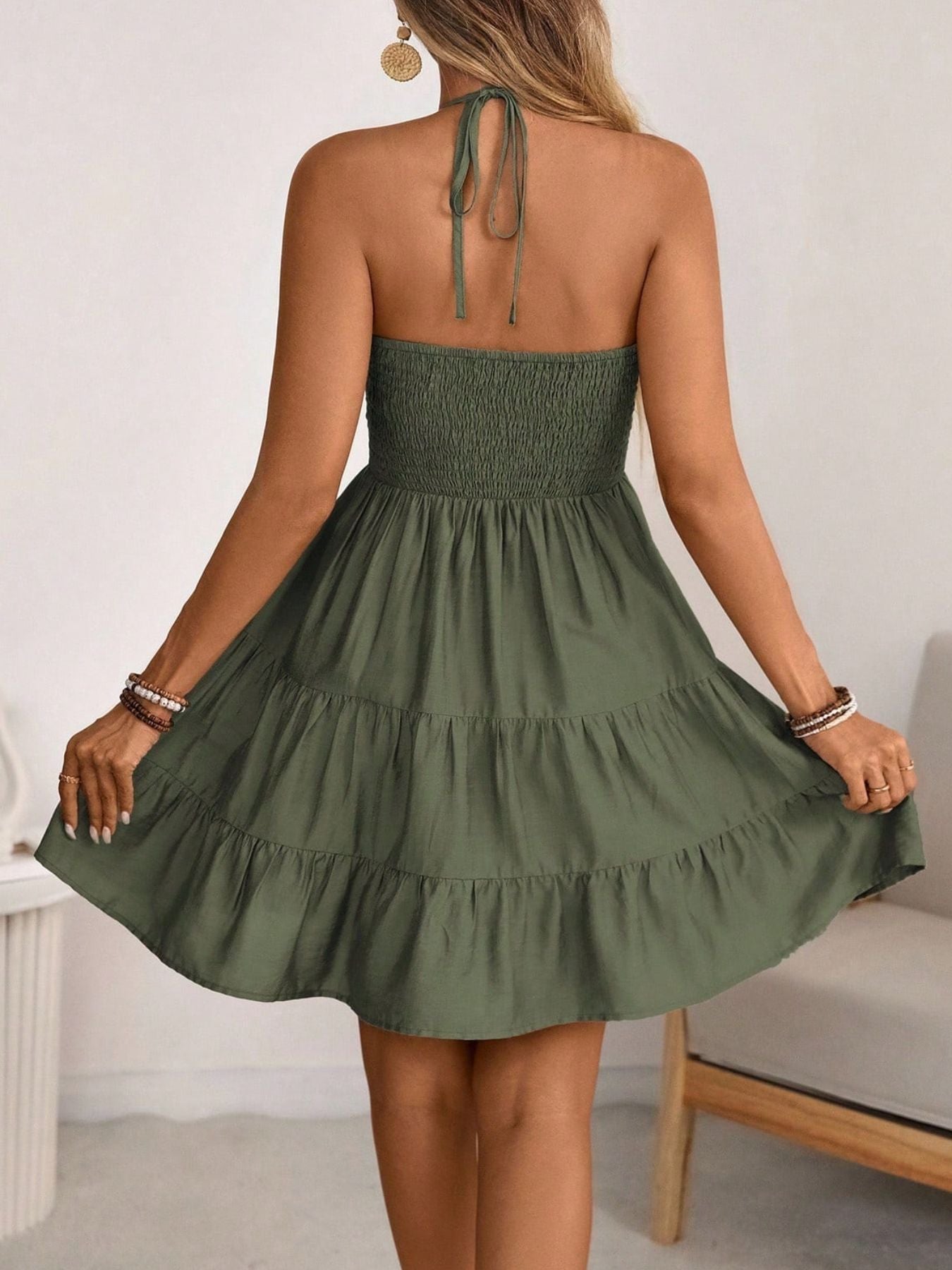 Smocked Halter Neck Tiered Dress