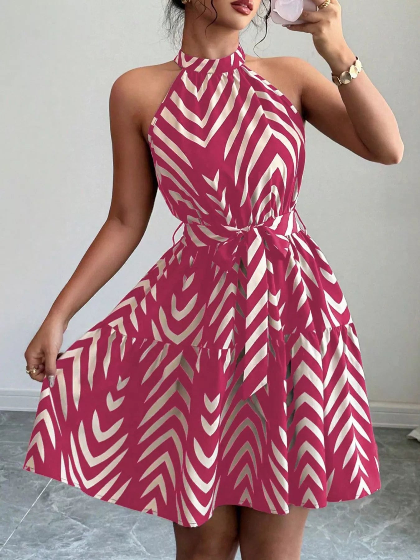 Zebra Print Halter Neck Tie Waist Ruffle Hem Dress