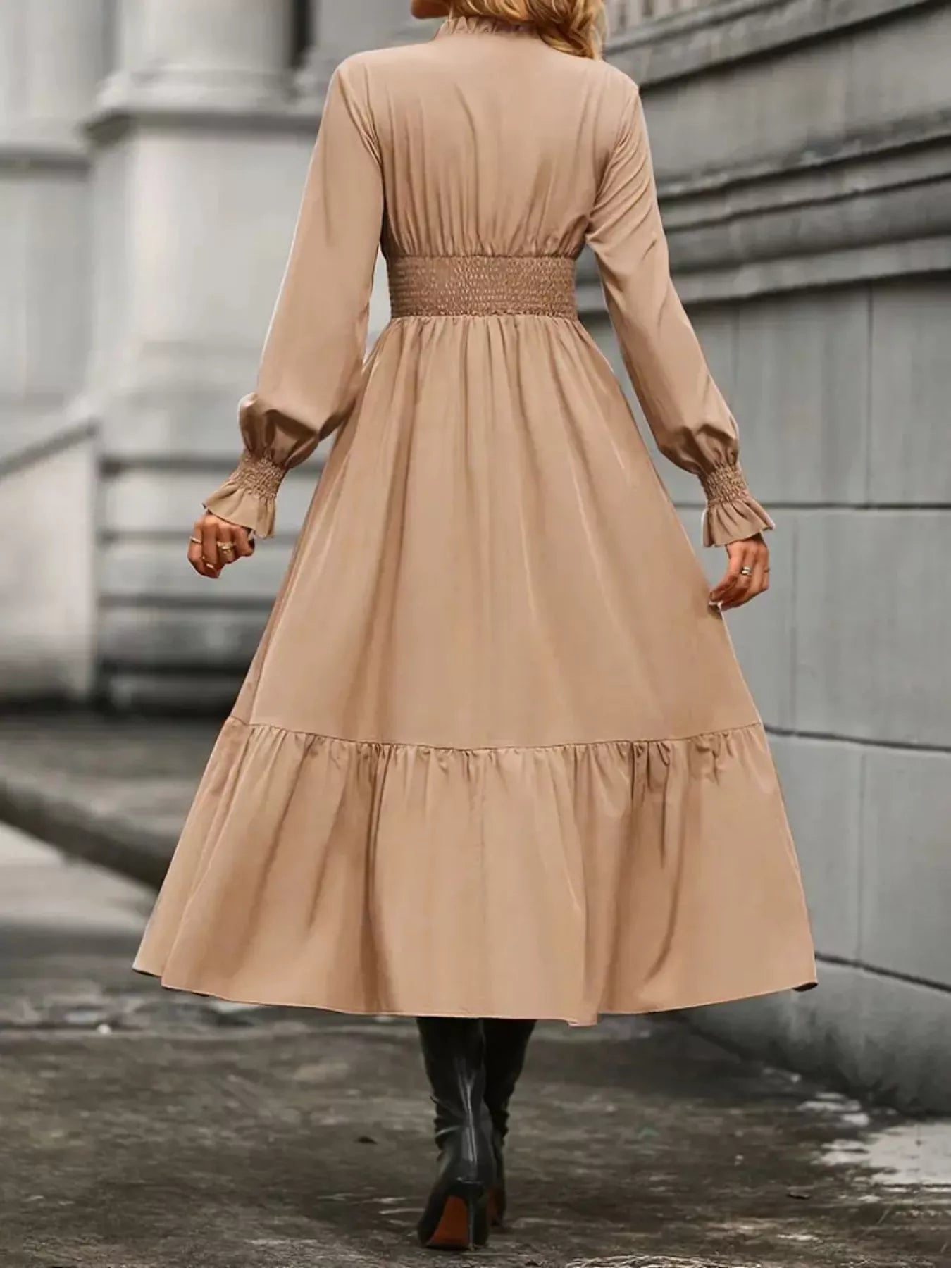 Surplice Long Sleeve Tiered Midi Dress