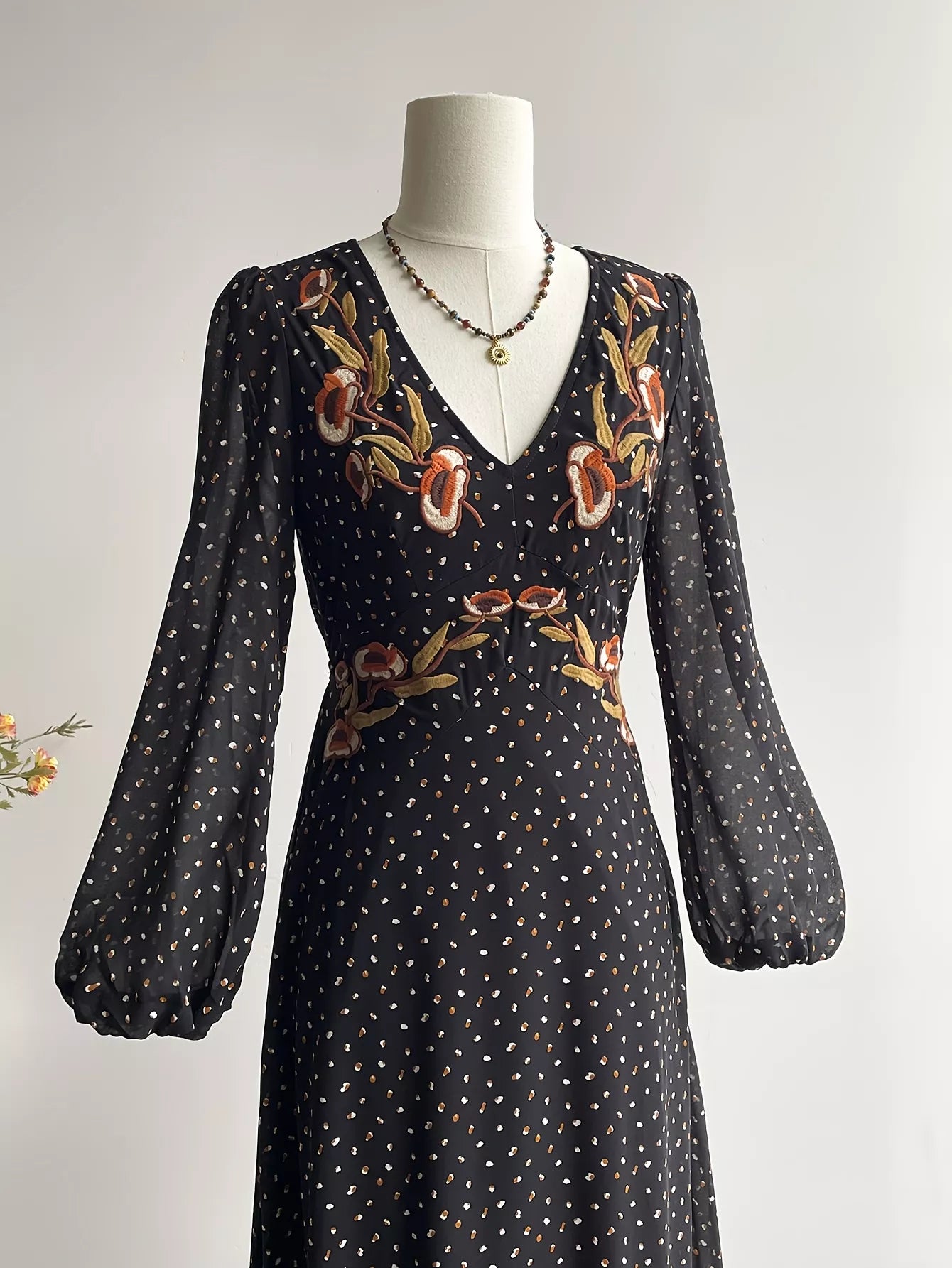 Plus Size Floral Embroidered Polka Dot Maxi Dress