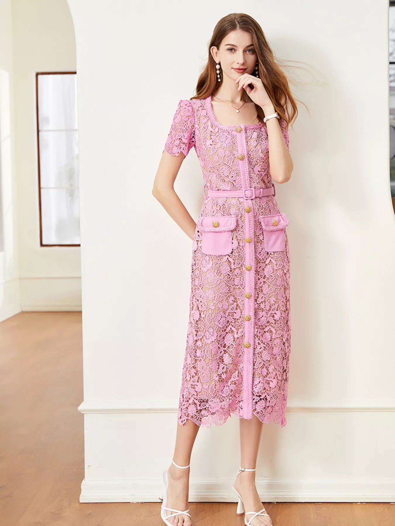 Lace Button-Up Midi Dress