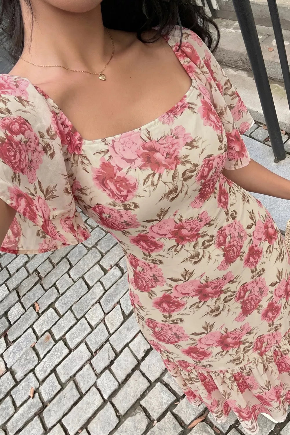 Floral Print Ruffle Hem Flutter Sleeve Dress