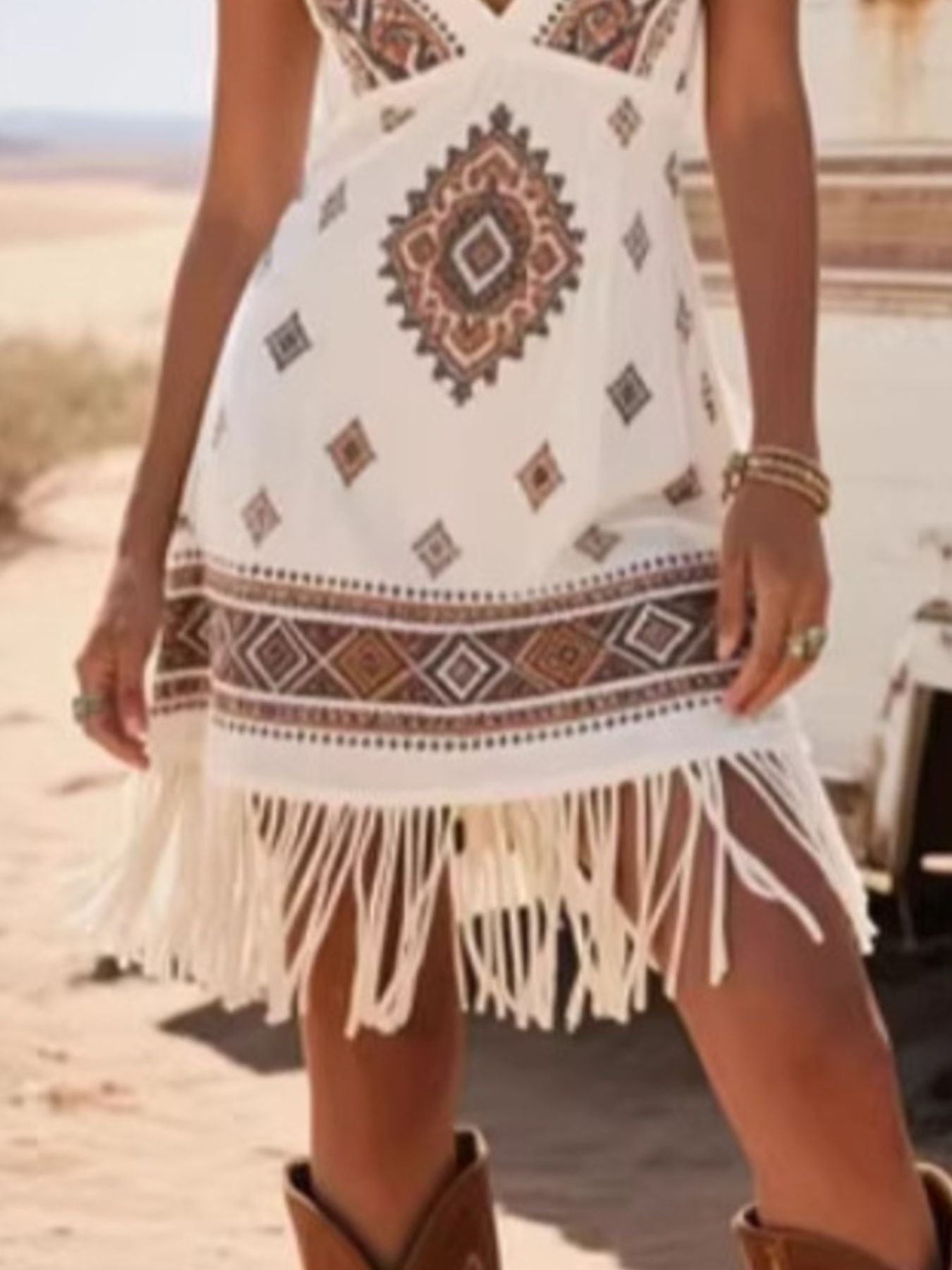 Fringe Trim Geometric Mini Dress
