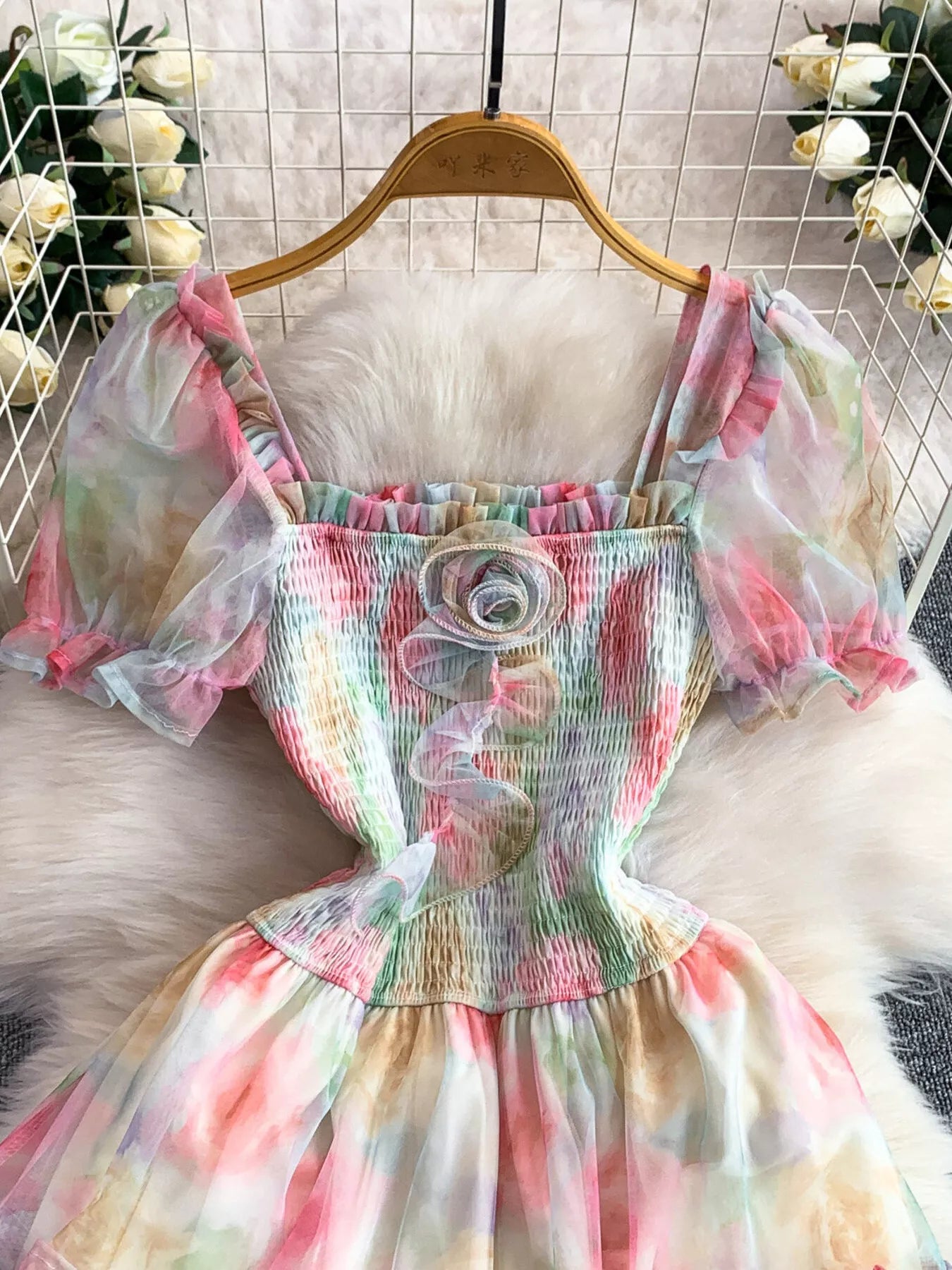Smocked Floral Tiered Mesh Midi Dress