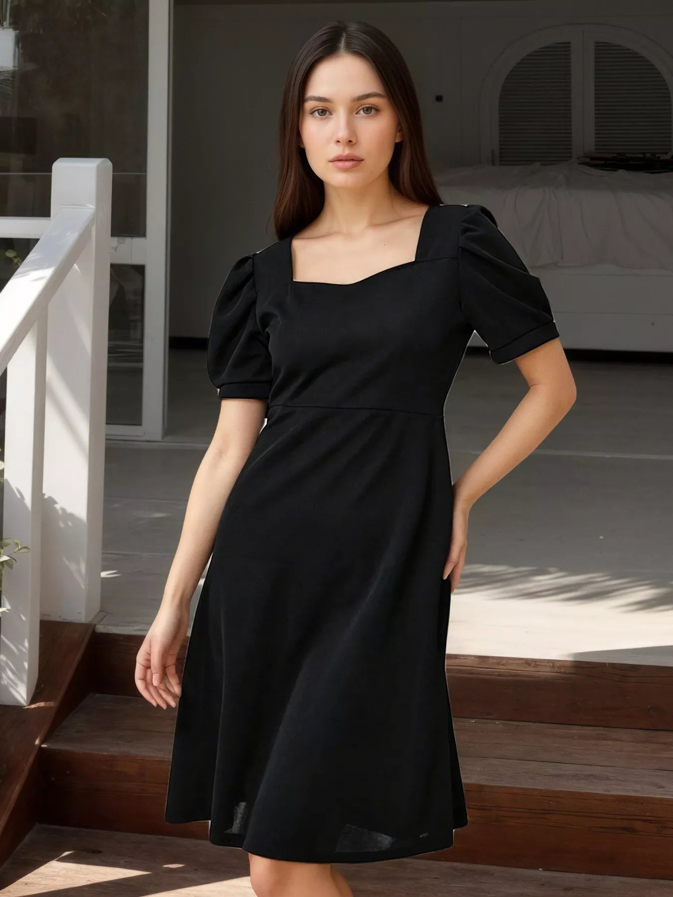 Puff Sleeve Bow Back Mini Dress