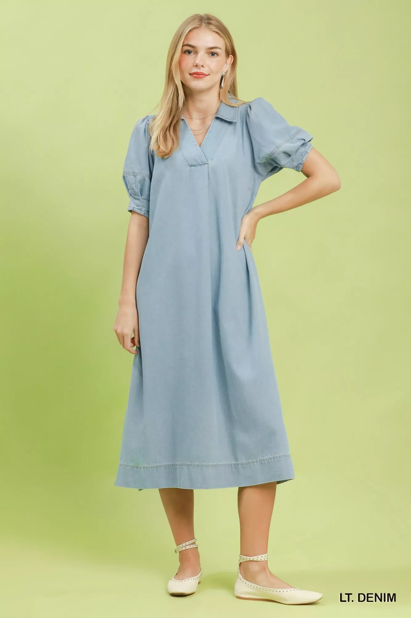 Umgee Chambray Collared Puff Sleeve Dress