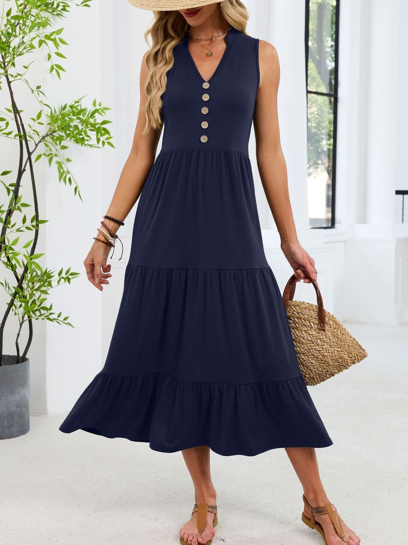 Sleeveless Notched Tiered Midi Dress