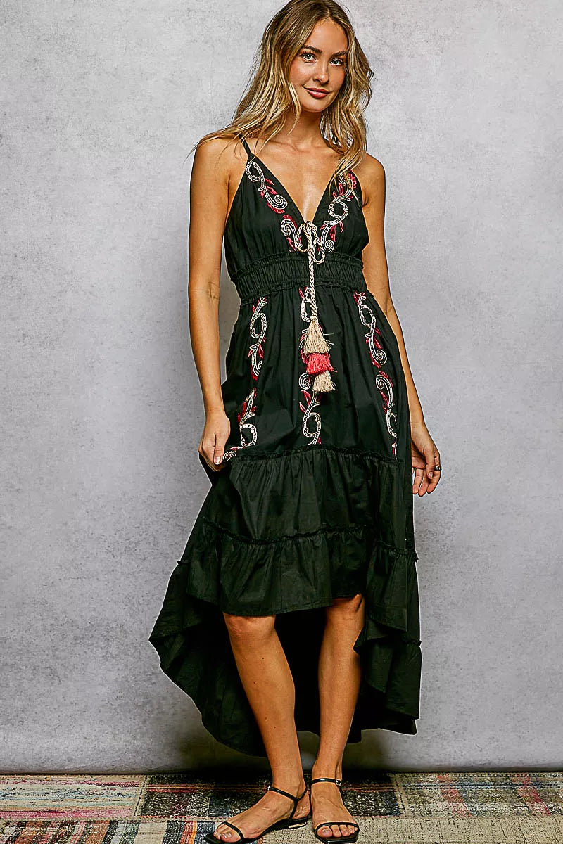 POL Embroidered Detail Tassel Tie Smocked Waist Midi Tiered Cami Dress