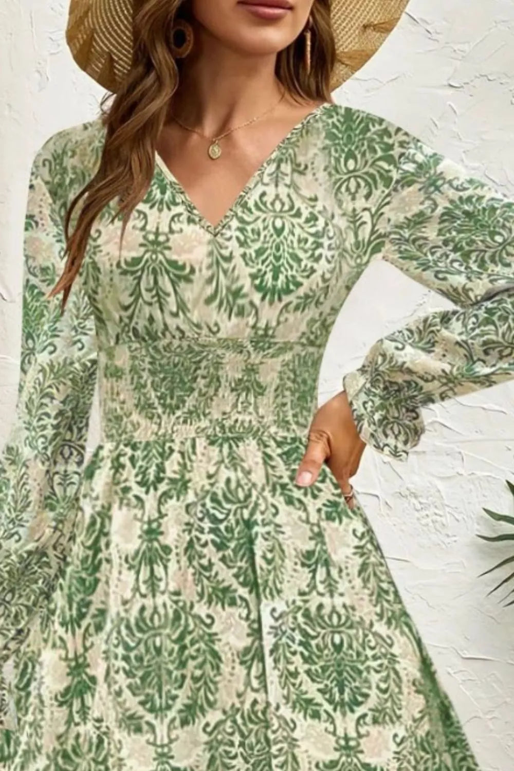 Printed V-Neck Long Sleeve Maxi Dress