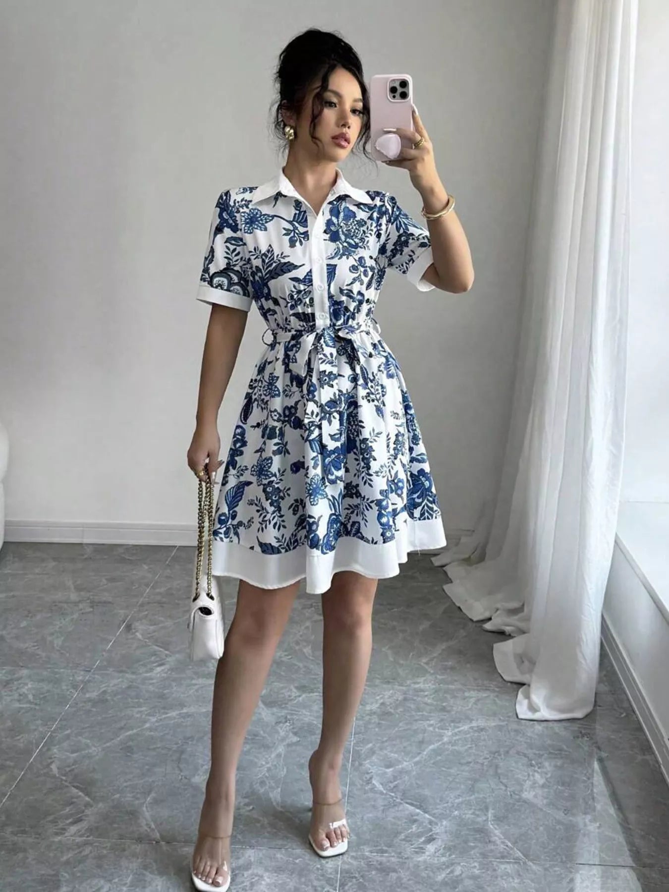 Printed Button Front Mini Dress