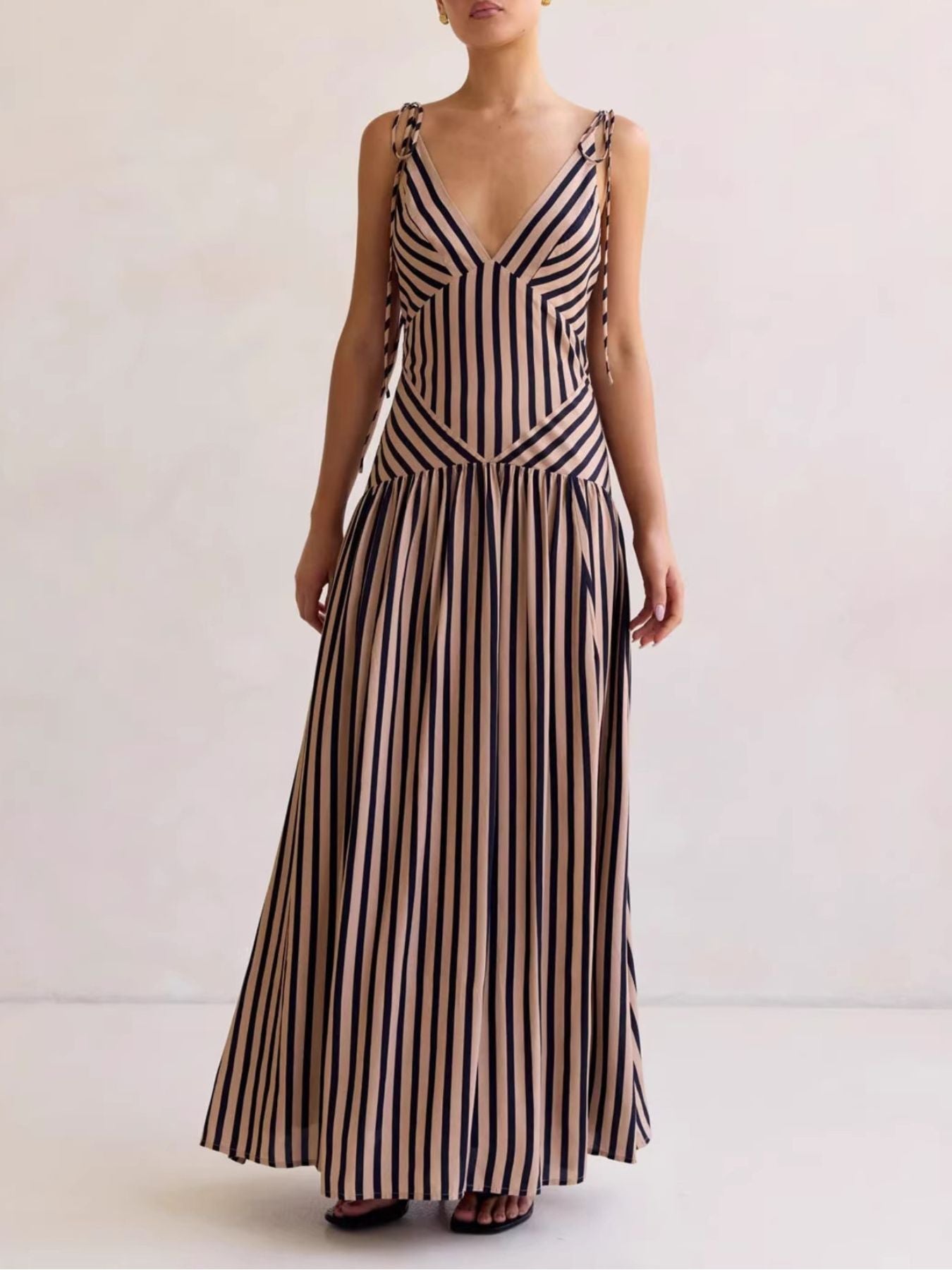 Striped V-Neck Tie-Shoulder Maxi Dress