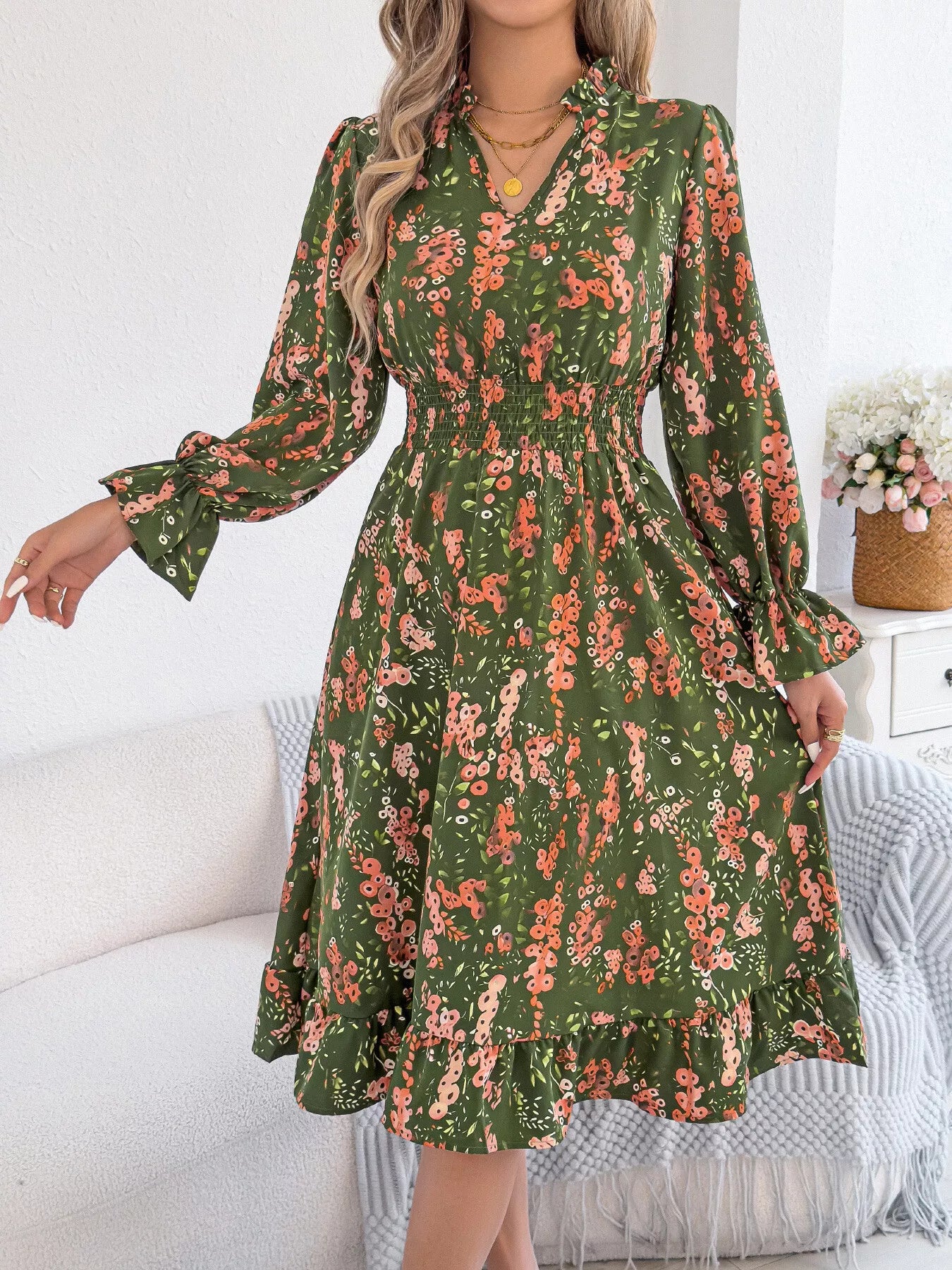 Floral Print Ruffle Hem Flounce Sleeve A-Line Dress