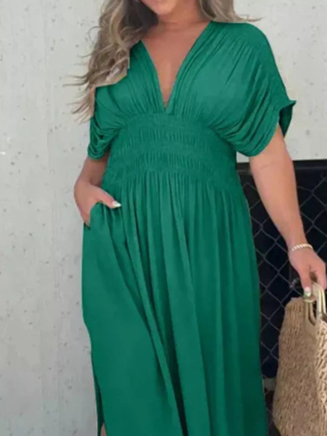 Full Size Slit V-Neck Smocked Waist Maxi Dress Plus Size