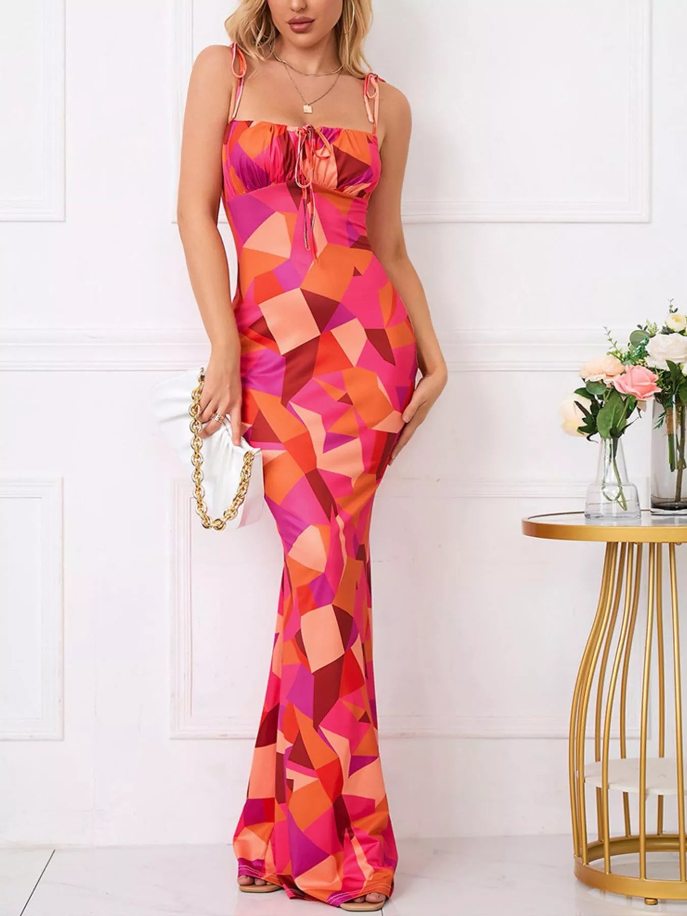 Floral Print Tie Strap Bodycon Maxi Dress