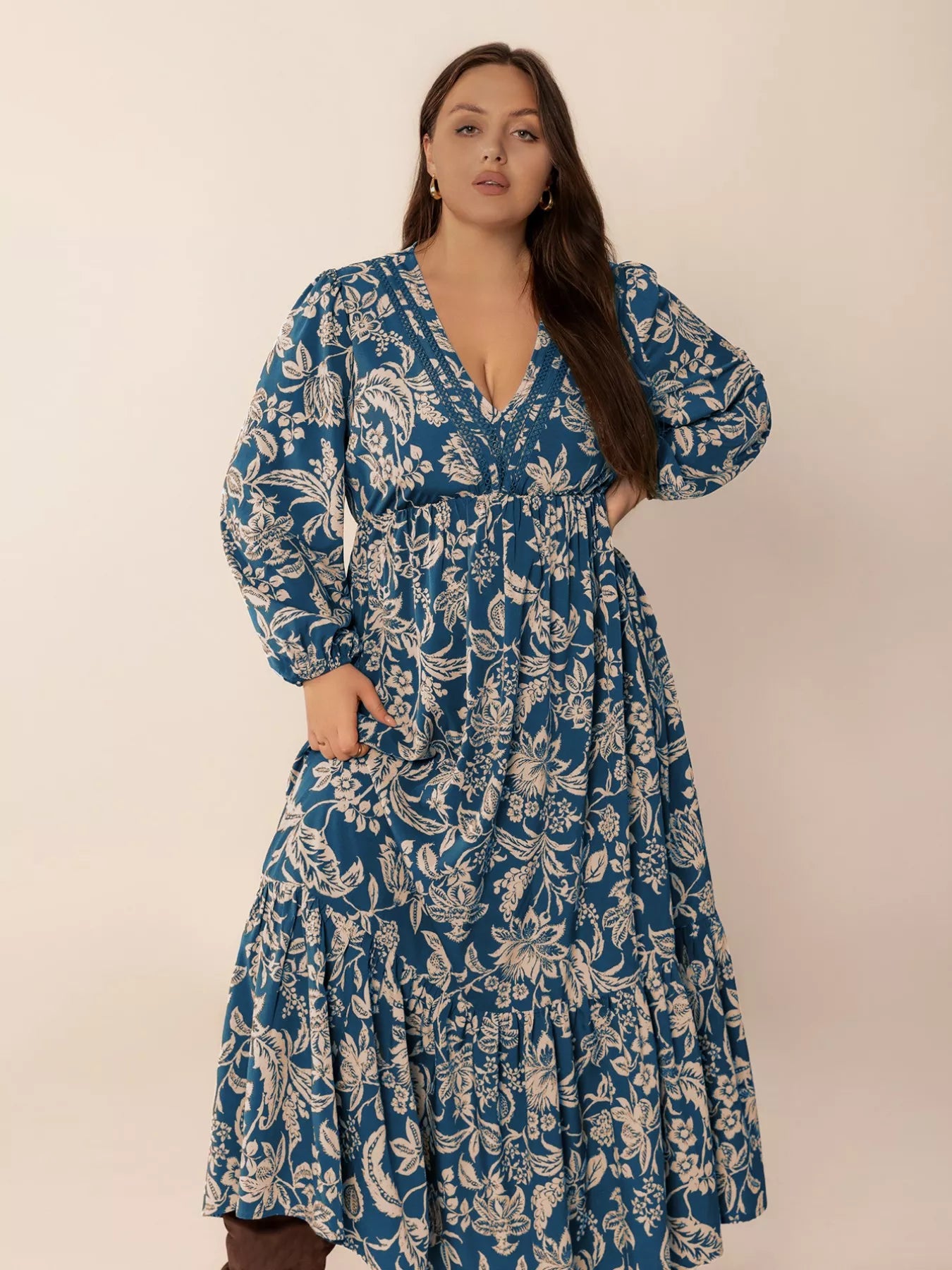 Plus Size Boho Floral Print Long Sleeve Maxi Dress
